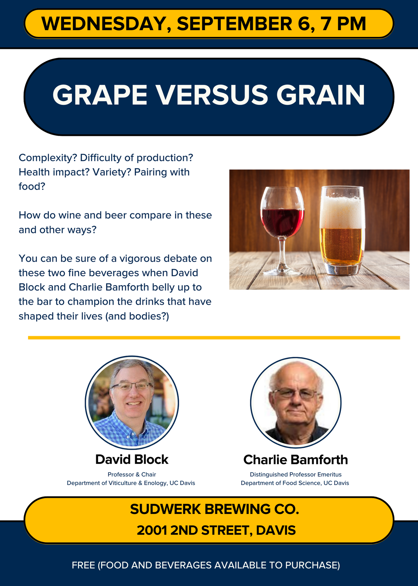 Grape vs Grain event flyer with text and images of wine, beer, and the two speakers