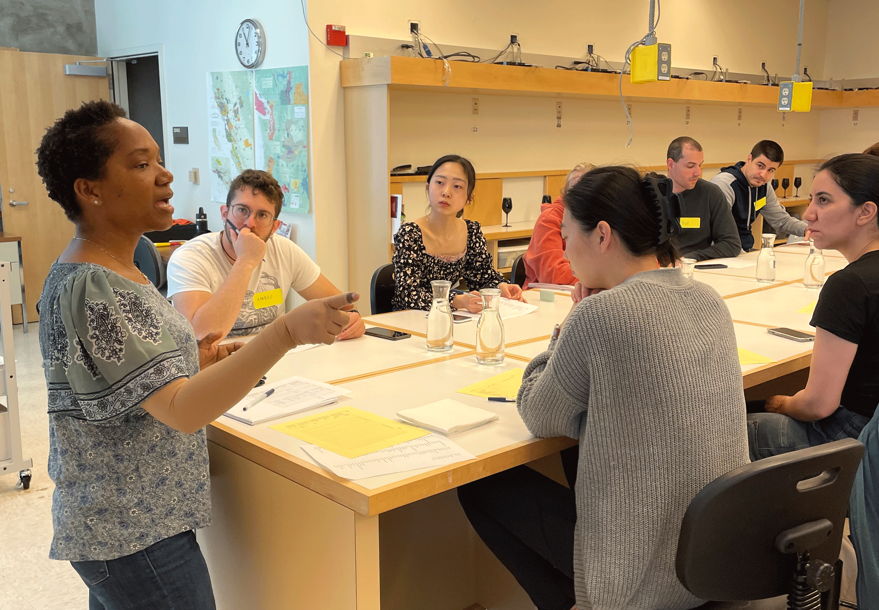 Gaelle Chanlot Delarue (left) leads a training session with the sensory panel as part of a new honey research project. (Tiffany Dobbyn/UC Davis)