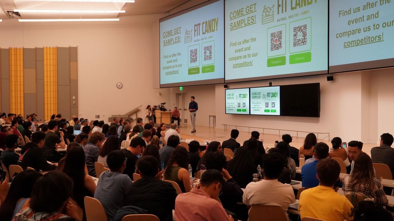 Fit Candy presents their pitch at PLASMA Demo Day on May 3, 2024. (Miles Barry/UC Davis) Fit Candy presents their pitch at PLASMA Demo Day on May 3, 2024. (Miles Barry/UC Davis)