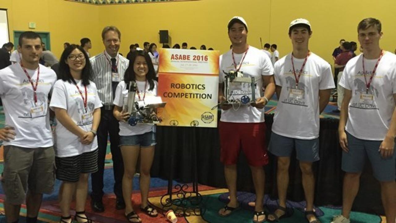 Members of the UC Davis Robotic team: left to right: Joshua Muic, Drew Liu, Prof. Slaughter, Vivian Vuong, Mark Wong, Channing Ko-Madden, Matt Paddock. Photo by Fadi Fathallah.