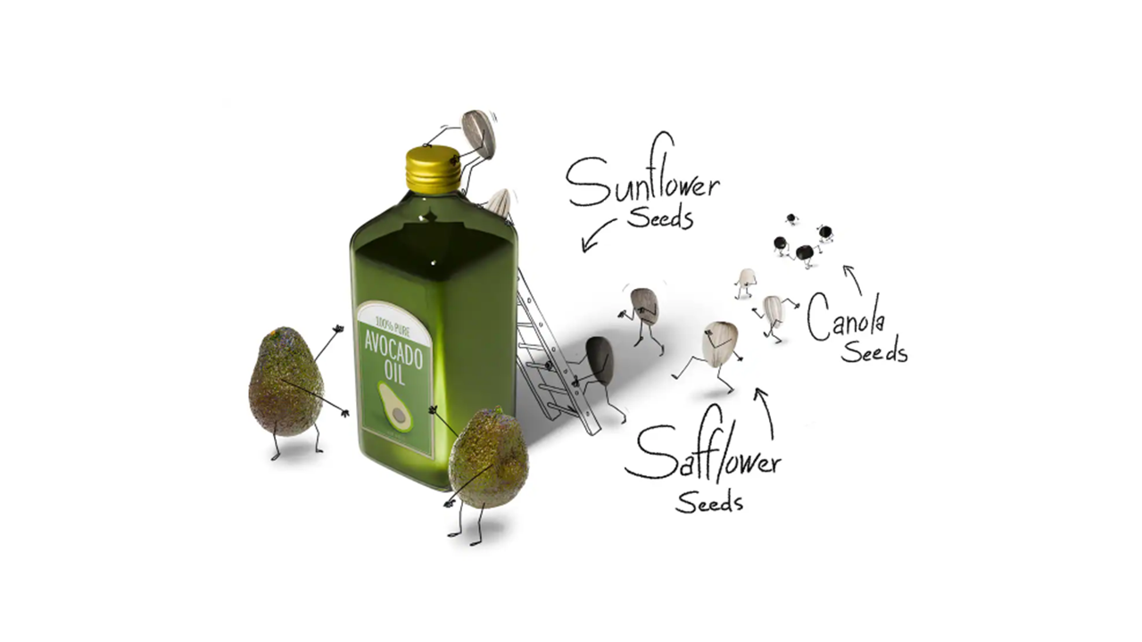 A bottle of avocado oil, surrounded by little cartoon seeds (safflower, sunflower, canola) that are shown climbing inside the bottle to ruin it.