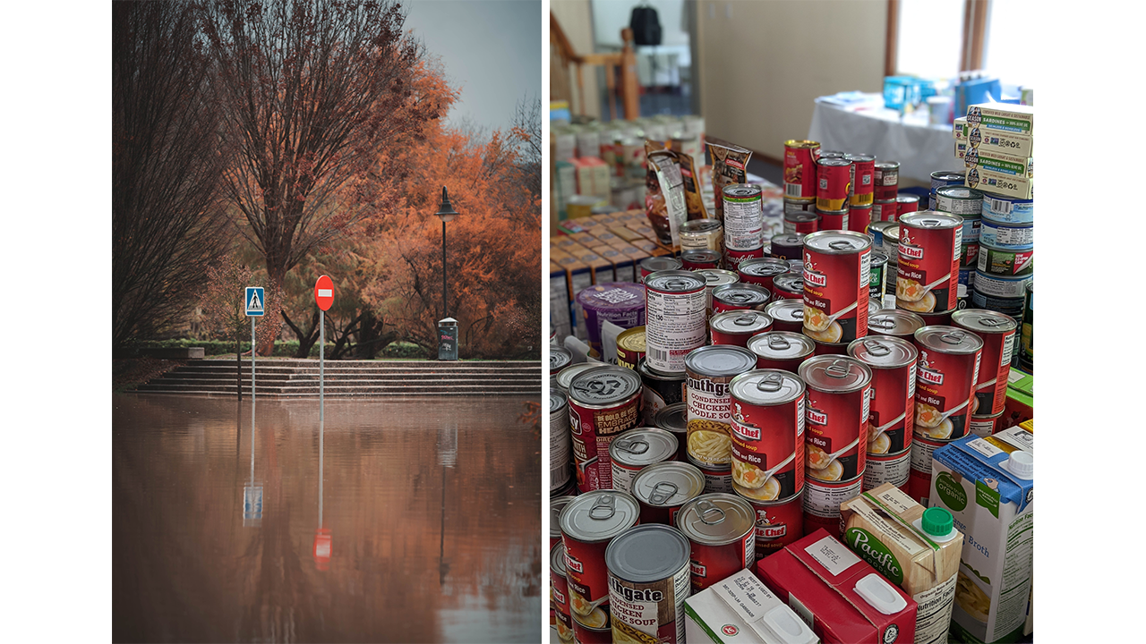 photos of flooding and canned food