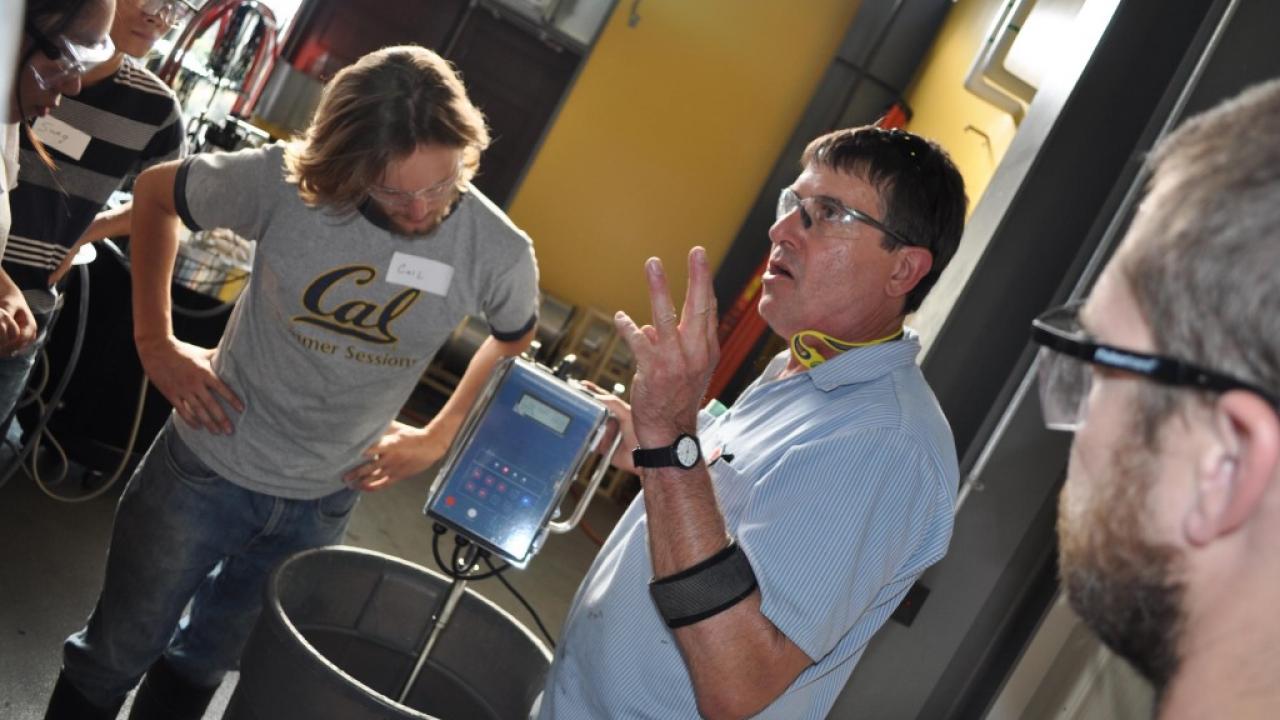 A UC Davis instructor explains the process happening in an adjacent wine tank at UC Davis' high-tech winery. Karen Block, UC Davis/Courtesy photo