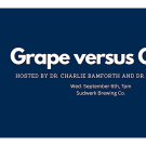 Sudwerk "Grape vs. Grain" header image - clip art on blue background with text name and event date