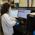 Graduate student Bruna Paviani operating a mass spectrometer in the Barile Lab to study the composition of upcycled Chardonnay grapes