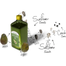 A bottle of avocado oil, surrounded by little cartoon seeds (safflower, sunflower, canola) that are shown climbing inside the bottle to ruin it.